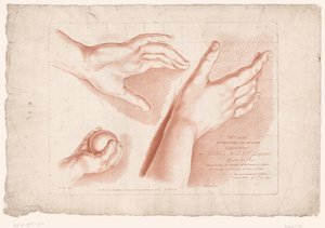 Titulní obrázek se třemi rukama Principy kreslení z přírody, díl osmý (název série) VIIIe Cahier de Principes du Design d
