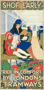 „Nakupujte včas, jeďte pohodlně londýnskými tramvajemi“, plakát London County Council Tramways, 1928 od Rowles