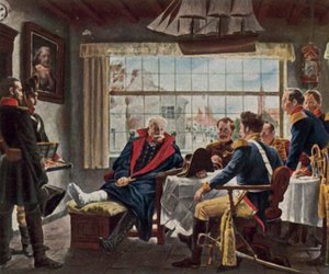Blücher dostává po bitvě u Waterloo Napoleonovu medaili a klobouk