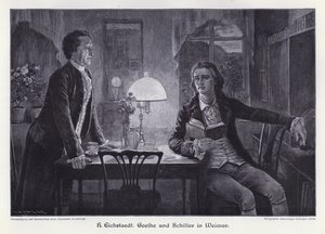 Němečtí spisovatelé Friedrich Schiller a Johann Wolfgang von Goethe ve Výmaru (rytina)