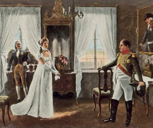 Setkání královny Luisy s Napoleonem I. v Tilsitu, 6. července 1807 (barevná litografie)