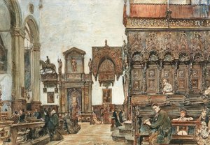 Interiér baziliky Santa Maria Gloriosa dei Frari v Benátkách s modlitbami v chórových lavicích od Rudolf von Alt