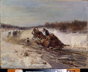 Tučné dny (masopust). Muž a žena zpívající a usmívající se na saních. Slaví období před začátkem půstu, během kterého se jí tuk. Obraz Rudolfa Ferdinandoviče Frenze (1831-1918), olej na plátně od Rudolph Frenz