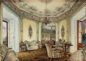 Vnitřní pohled na Salon zámku v Obertwaltersdorfu; Vnitřní pohled na salon na zámku Obertwaltersdorf, od Rudolf von Alt
