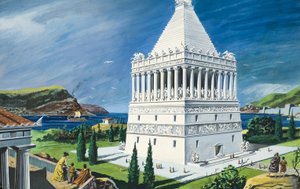Mauzoleum v Halikarnassu, dokončeno v roce 353 př. n. l. (kvaš na papíře) od Ruggero Giovannini
