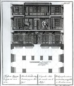 Pohled v řezu na Síň rarit směrem k jihu, ilustrace v komnatách knihovny a galerie Císařské akademie věd v Petrohradě zobrazující plány, fasády a profily od Johanna od Russian School