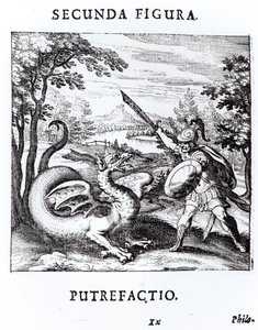 Rytíř porážející ‚Rot‘, který je ztělesněn drakem, z ‚Musaeum Hermeticum Reformatum‘ od Basila Valentina, 1678 od Russian School