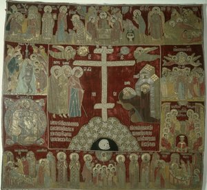 Zjevení Panny Marie sv. Sergiovi, 1525 (zlato, stříbro a hedvábná nit, osazené perlami a rubíny ve zlatých paspartách) od Russian School