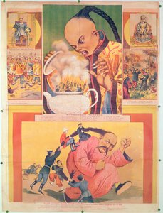 Komický ruský plakát satirizující Evropany v Číně, vytištěný v Moskvě, Rusko, 1900