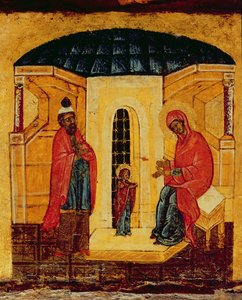 Ikona zobrazující Ježíše v chrámu, cca 1550 (tempera a plátek zlata na panelu) (detail 314500) od Russian School