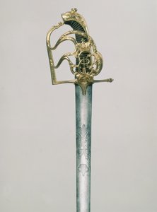 Důstojnický široký meč s vyrytým dvouhlavým orlem s postavou sv. Jiří pod císařskou korunou, jílec zdobený monogramem Kateřiny II. 1729-96, Rusko, 18. století (ocel, bronz