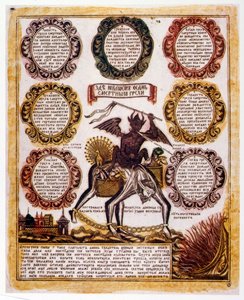 Ruská schematická ilustrace „Sedmi smrtelných hříchů“. Náboženský traktát kolem roku 1850 (rytina) od Russian School