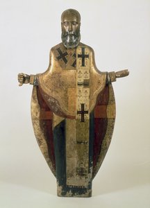 Socha sv. Mikuláše Možajského, Rusko, konec 16. století (dřevo, zdobený brokát, gesso, tempera)