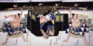 Scéna ze 4. dějství kabuki hry „Ashiya doman ouchi kagami“