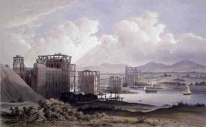 Britannia Tubular Bridge přes Menai Straits, pořízený během stavby v roce 1848, litografie od Day and Son od S. (after) Russell