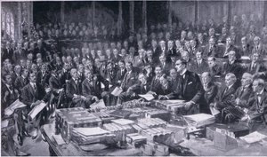 Jedna z nejvýznamnějších událostí v dějinách parlamentu 3. srpna 1914, z knihy Cassells History of the British People vydané nakladatelstvím Waverley Book Company Limited, cca 1940.