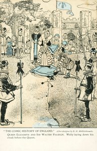 Sir Walter Raleigh odkládá svůj plášť pro královnu Alžbětu I, aby jí umožnil vyhnout se louži (barva litho) od S. H. Hebblethwaite