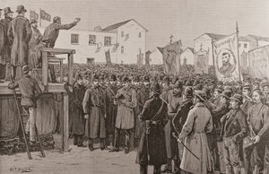 Policejní strážce vládního zpravodaje na ‚Plan of Campaign Meeting‘, z ‚The Illustrated London News‘, 8. ledna 1887 (rytina)