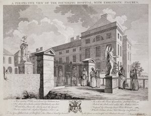 Perspektivní pohled na Foundling Hospital s emblematickými postavami, 1749 od S. Vale