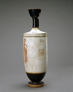 White Ground Lekythos s mladou ženou v hrobě, 450-440 př. n. l. (terakota s bílým povrchem) od Sabouroff Painter (attr. to)
