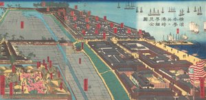 Detailní tisk Yokohama Hon-cho a Miyozaki Pleasure Quarter, 4. měsíc. 1860. od Sadahide Utagawa