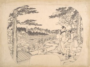 Dvě ženy obdivující památky z vyhlídky...chrám Zenpukuji, 19. století. od Sadahide Utagawa