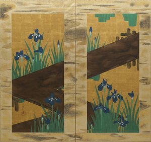 Kosatce a osminásobný most, dvoudílné skládací plátno, cca 1820 (tuš, barva a plátkové zlato na hedvábí) od Sakai Hoitsu