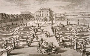 Rakouský dům a zahrada, ryl Johann August Corvinus (1683-1738), vydáno kolem 1730-40 (rytina)