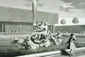 Neptunova a Thetisova fontána v paláci Belvedere ve Vídni, vyrytý Jakobem Gottliebem Thelottem (asi 1711-75), vydáno asi 1730-40 (rytina)