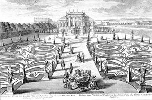 Pohled na zahradu a dům v Josefstadtu ve Vídni, vyrytý Johannem Augustem Corvinem (1683-1738) (rytina)