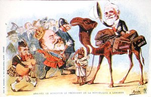 Karikatura příjezdu prezidenta Francouzské republiky Emile Loubeta (1838-1929) do Londýna v roce 1903 (barevné lito) od Salomon Assus