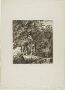 Nymfa schovávající se na stromě, osmý talíř z knihy Paysages Dédiés à M. Warelet od Salomon Gessner