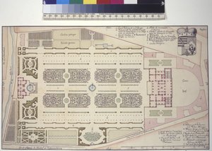 Celá stránka: Lichtenštejnský zahradní palác - půdorys (kresba perem a tuší) od Salomon Kleiner