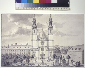 Celá strana: pohled na servítský kostel na předměstí Rossau (kresba perem a tuší) od Salomon Kleiner