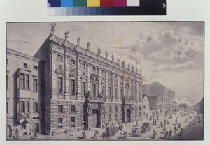 Celá strana: šikmý pohled na městský palác prince Evžena Savojského v Himmelpfortgasse (pero, štětec a tuš) od Salomon Kleiner