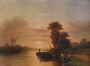 Západ slunce na řece, s větrným mlýnem a chalupou, 1848, 1938 od Salomon Leonardus Verveer
