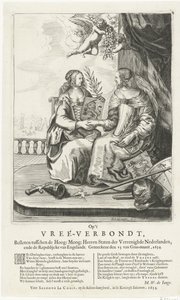 Fráze k Westminsterskému míru, 1654 Na Vree-Verbondt, uzavřeno mezi High: Moog: Heeren Staten der Vereenighde Nederland, ende Republikcke van Englandt. Geteeckent den 15 van Gras-maant, 1654 (název na objektu) od Salomon Pietersz. Lachair