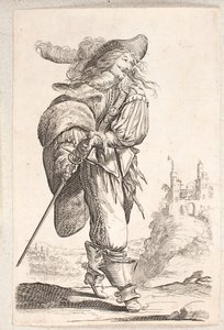 Kráčející muž, tříčtvrteční profil r., uchopující snop za bok. V pozadí hrad