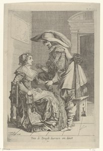 Muž nabízí ženě minci Dats de Bruydt daermen om danst (název na objektu) od Salomon Savery