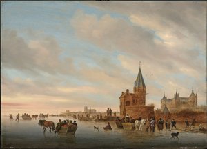 Zimní krajina s ledovými radovánkami před Capricciem z města Arnheim, 1652 od Salomon van Ruisdael or Ruysdael
