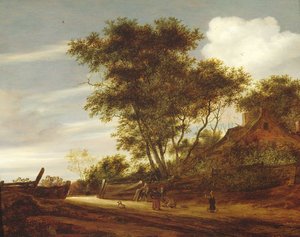 Zalesněná krajina s dětmi hrajícími si na cestě u chalupy, 1658