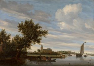 Pohled na řeku s kostelem a přívozem od Salomon van Ruysdael