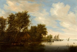 Pohled na řeku s mužem lovícím kachny od Salomon van Ruysdael