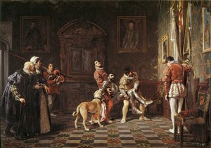 "" Návrat turnaje "" Mladý rytíř bolí je přiveden zpět do paláce podepřený dvěma stránkami. Obraz Salvadora Martineze Cubellse (1845-1914) 1881 Valencie. Muzeum Bellas Artes San Pio