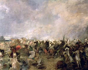 Bitva u Guadalete detail útěku Gótů před velením krále Roderica za přítomnosti muslimské jízdy Tarika Ibn Ziyada, 711 n. l. (olej na plátně) (detail)