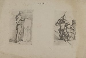 (Série figurek) Dlouhovlasý muž držící ceduli od Salvator Rosa