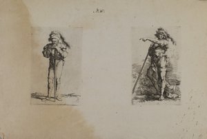(Série figurek) Stařec s kloboukem s opeřením, odpočívající ruce od Salvator Rosa