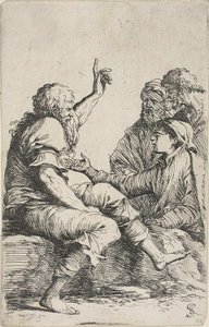 Vousatý stařec sedící na skále a kývnoucím gestem na tři muže naproti němu, ze série Figurka od Salvator Rosa