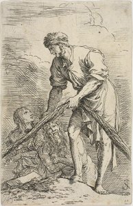 Muž táhnoucí síť se dvěma postavami za ním ze série Figurka od Salvator Rosa