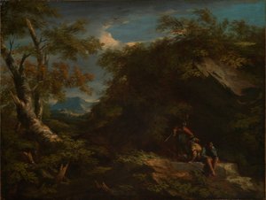 Hornatá lesní krajina s odpočívajícími válečníky od Salvator Rosa